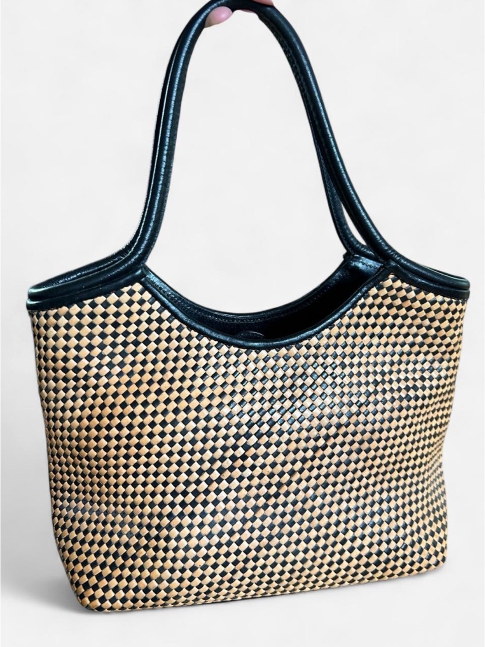 Vintage Paulo Masi Italian Woven Leather Checker Shoulder Tote Bag Made In Italy